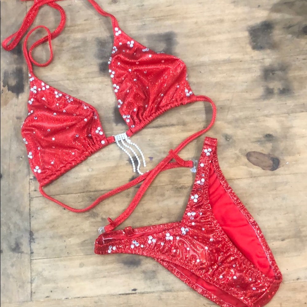 Red Sequin Bikini Set with Rhinestone Accent - Women Swim Bikini